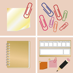 Карандаш. Блокнот. Стикер. Скрепки. Векторная иллюстрация. 