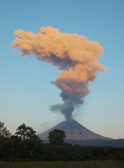 Karimskiy volcano. Volcanic eruption in Kamchatka, ash flow and destroyed