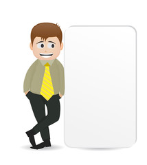 cartoon man character standing beside empty banner with happy face