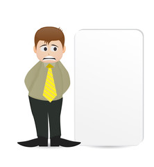 cartoon man character standing beside empty banner with sad face