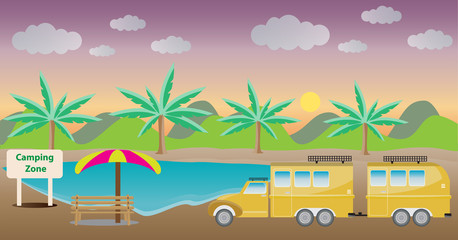  Camping Caravan car with Lake  Landscape background