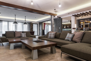 Naklejka na ściany i meble Great living room in modern villa house interior