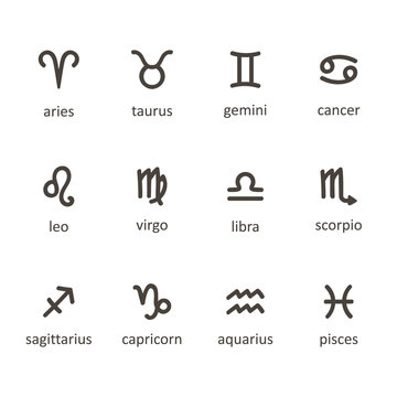 Set of twelve monochrome hand drawn zodiac sign icons isolated on white background.