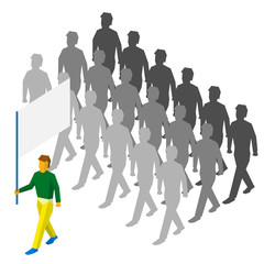 Isometric flag bearer with blank standard and a lot of people behind him. 
