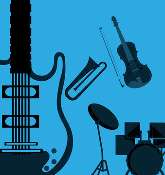 guitar trumpet cello drum music sound instrument icon. Flat and blue background. Vector illustration