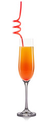 Mimosa cocktail in champagne glass isolated on white background.