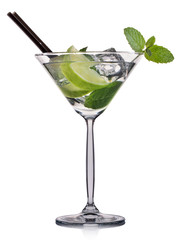 Mojito cocktail in martini glass isolated on white background.