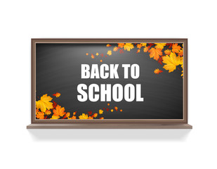 Autumn background with realistic autumn maple leaves on blackboard. Vector back to school chalkboard banner

