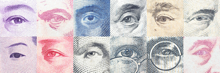 Portraits / images / the eyes of famous leader on banknotes of the main dominant countries around the world.