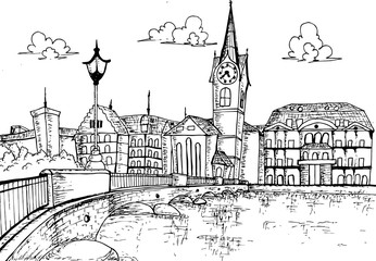 Obraz premium Zurich cityscape, Famous Fraumuenster Cathedral and St.Peter Church, hand drawn