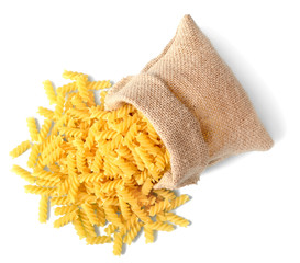 uncooked fusilli pasta in sack