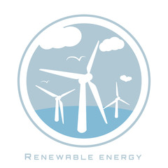 Renewable energy. Wind power. Wind-driven generators, sea, clouds, seagulls