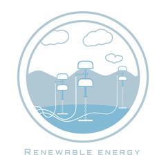 Renewable energy. Wave energy. Waves, clouds, buoys, wires and anchor