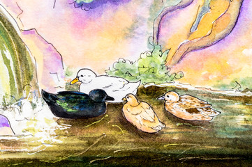 Original painting of ducks on water.