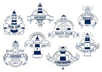 Lighthouse. Yacht Club emblem. Nautical badge