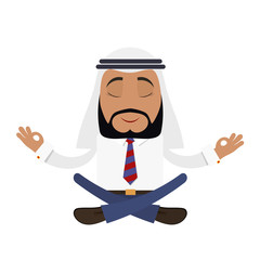 Arabic businessman on a white background in the lotus position.