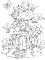 Black and white illustration of a fairy house with details for adult coloring book