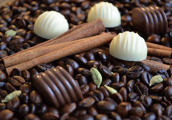 Coffee beans background. Shallow depth of field.