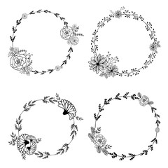 Hand-drawn vector set of vintage floral wreathes
