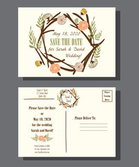 Hand-drawn vintage card with floral wreath