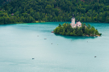 Bled island and boats on Lake Bled in Slovenia