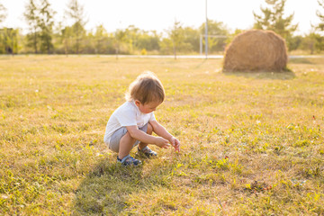 Naklejka na ściany i meble Little boy in the countryside. Toddler playing active games outdoors. Childhood, carefree, children's games, boy, fresh air, active children's rest. The concept of childhood.
