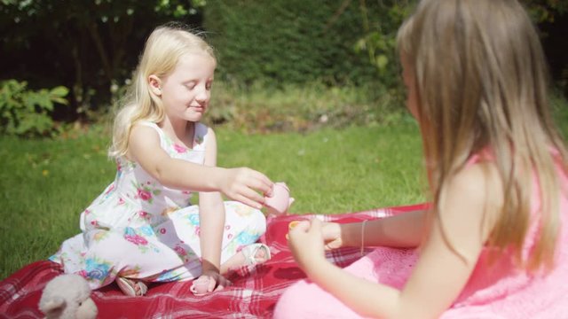  2 little girls having a tea party with their toys in the garden on a summer day. 
