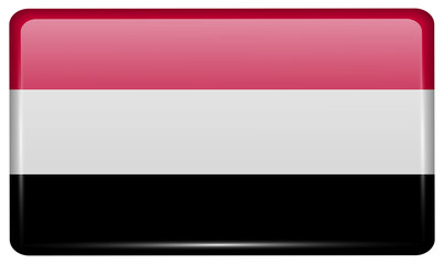 Flags Yemen in the form of a magnet on refrigerator with reflections light. Vector
