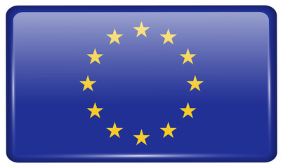 Flags European Union in the form of a magnet on refrigerator with reflections light. Vector