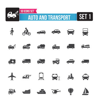 30 icons set auto and transport isolated on the white background