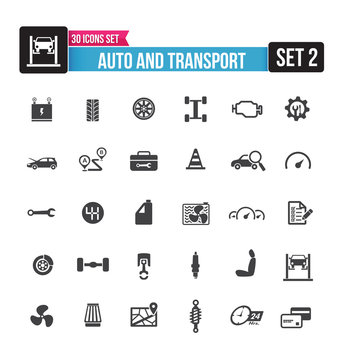 30 icons set auto and transport isolated on the white background