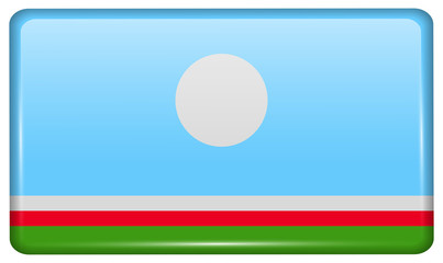 Flags Sakha Republic in the form of a magnet on refrigerator with reflections light. Vector