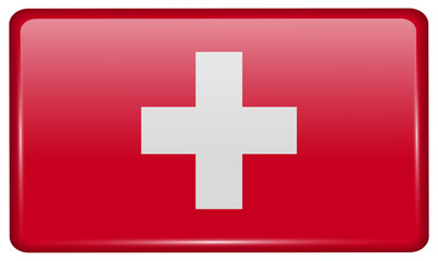 Flags Switzerland in the form of a magnet on refrigerator with reflections light. Vector