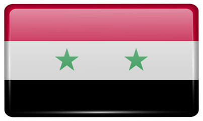 Flags Syria in the form of a magnet on refrigerator with reflections light. Vector