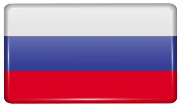 Flags Russia in the form of a magnet on refrigerator with reflections light. Vector