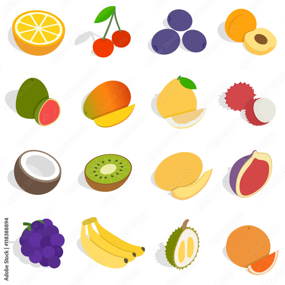 Poster isometric fruit icons set. universal fruit icons to use for web and mobile ui, set of basic fruit el
