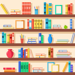 Books on bookshelves. Education. Vector flat illustration