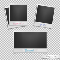Set of photo frames with caption on transparent background. Isolated template with shadow effect. Vector illustration