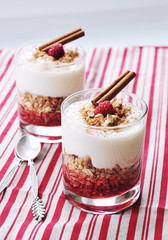 Homemade layered dessert or parfait with granola, raspberry jam and creamy yogurt in a glass. Healthy food and diet concept. Selective focus.