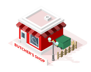 Isometric High Quality City Element with 45 Degrees Shadows on White Background. Butcher's Shop