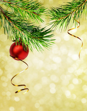 Christmas background with pine twigs and red ball