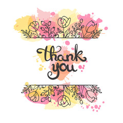 Thank you card. Hand drawn lettering design. Greeting card with flowers. Line art style. Vector illustration.
