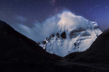 Sacred to Buddhists mount Kailash in  moonlight.