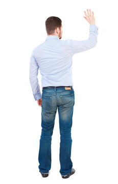 Back view of beautiful business man welcomes.  Young businessman in suit. Rear view  people collection.  backside view of person.  Isolated over white background. businessman in white shirt cheerfully