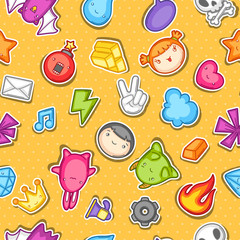 Game kawaii seamless pattern. Cute gaming design elements, objects and symbols