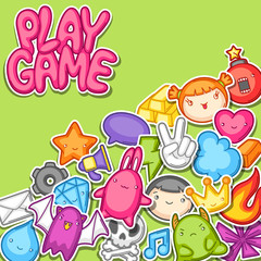 Game kawaii background. Cute gaming design elements, objects and symbols