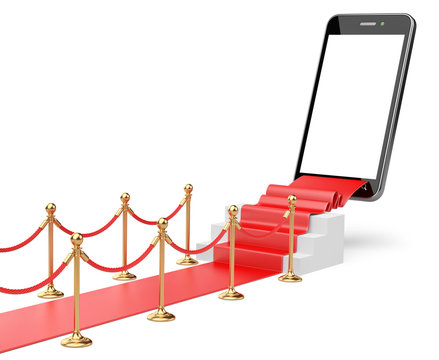 Staircase covered with red carpet with barrier rope and modern s