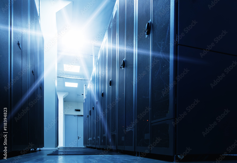 Aufkleber row of server racks with strong light from the end