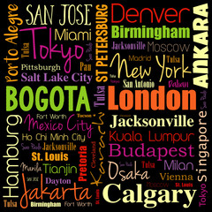 Cities in the world word cloud collage, travel destinations concept background