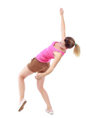 Fototapeta premium Balancing young woman. or dodge falling woman. Rear view people collection. backside view of person. Isolated over white background. Sport blond in brown shorts at the time of the fall.